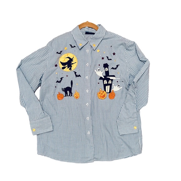 Halloween plaid long sleeve top Jack o lanterns Full Moon Witch Cat - Picture 1 of 3